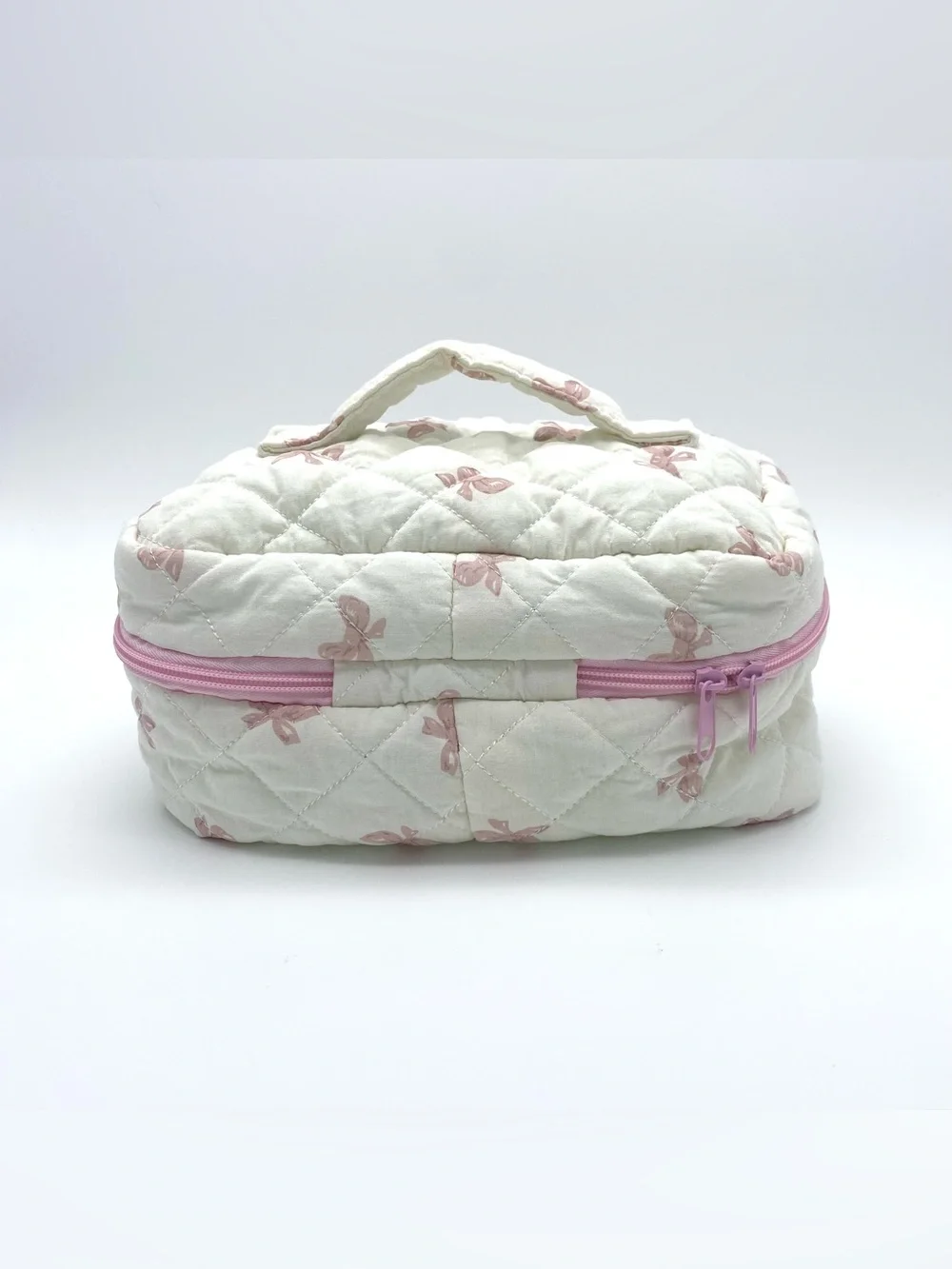 The Jolly House White Pink Bow Print Quilted Makeup Bag Zipper Handle